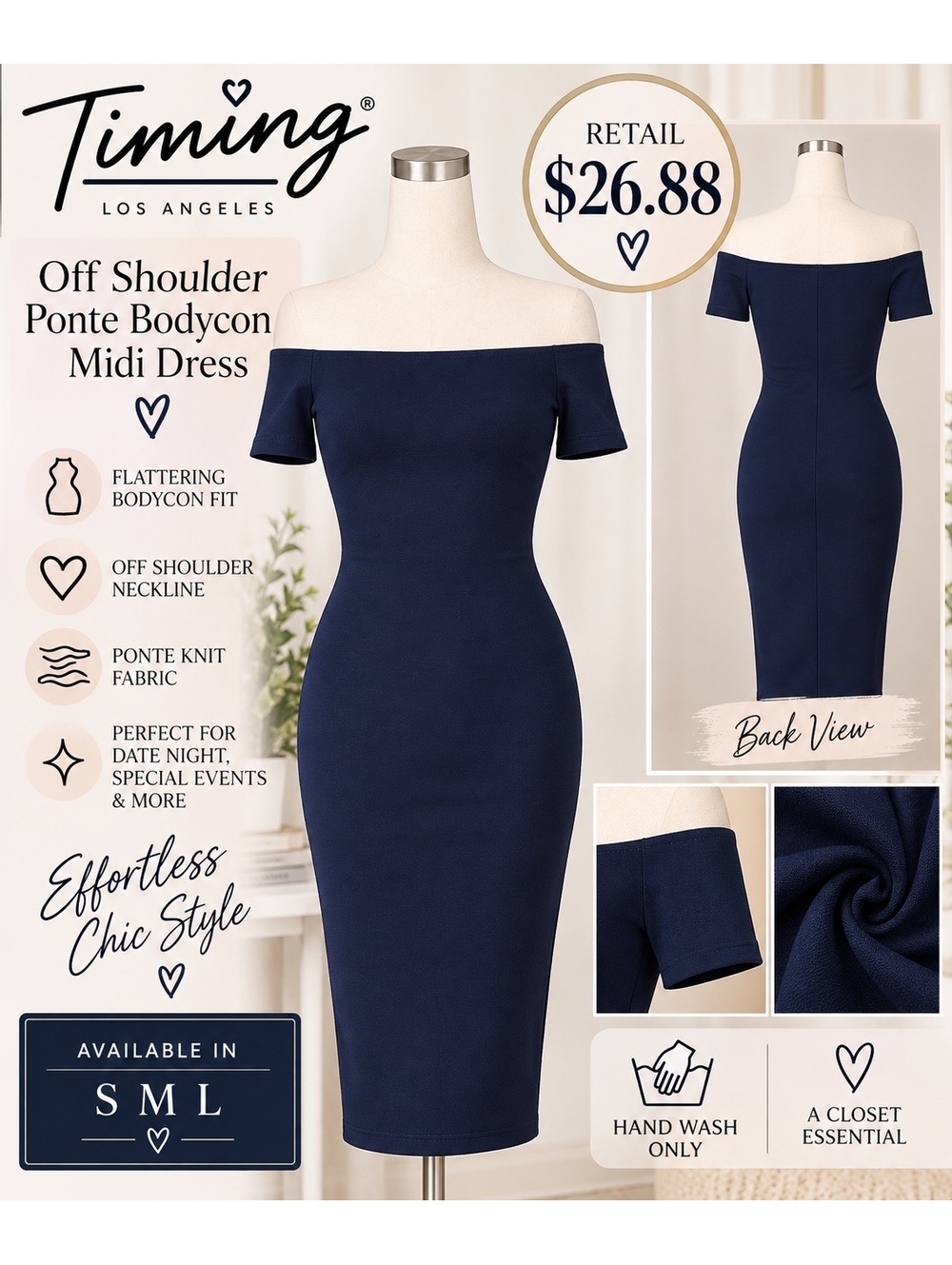 Timing Los Angeles Off Shoulder Bodycon Midi Dress Navy
